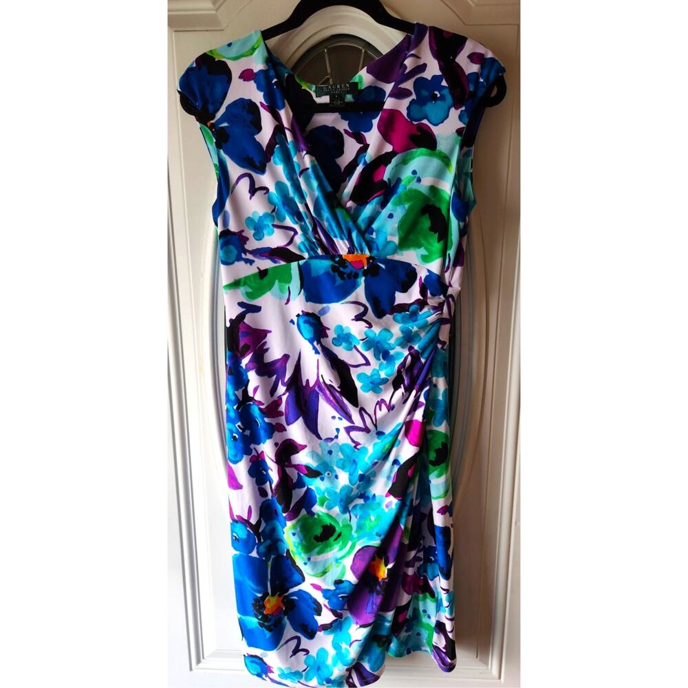Lauren by Ralph Lauren Floral Ruched Cap sleeved sheath Dress Women size 8